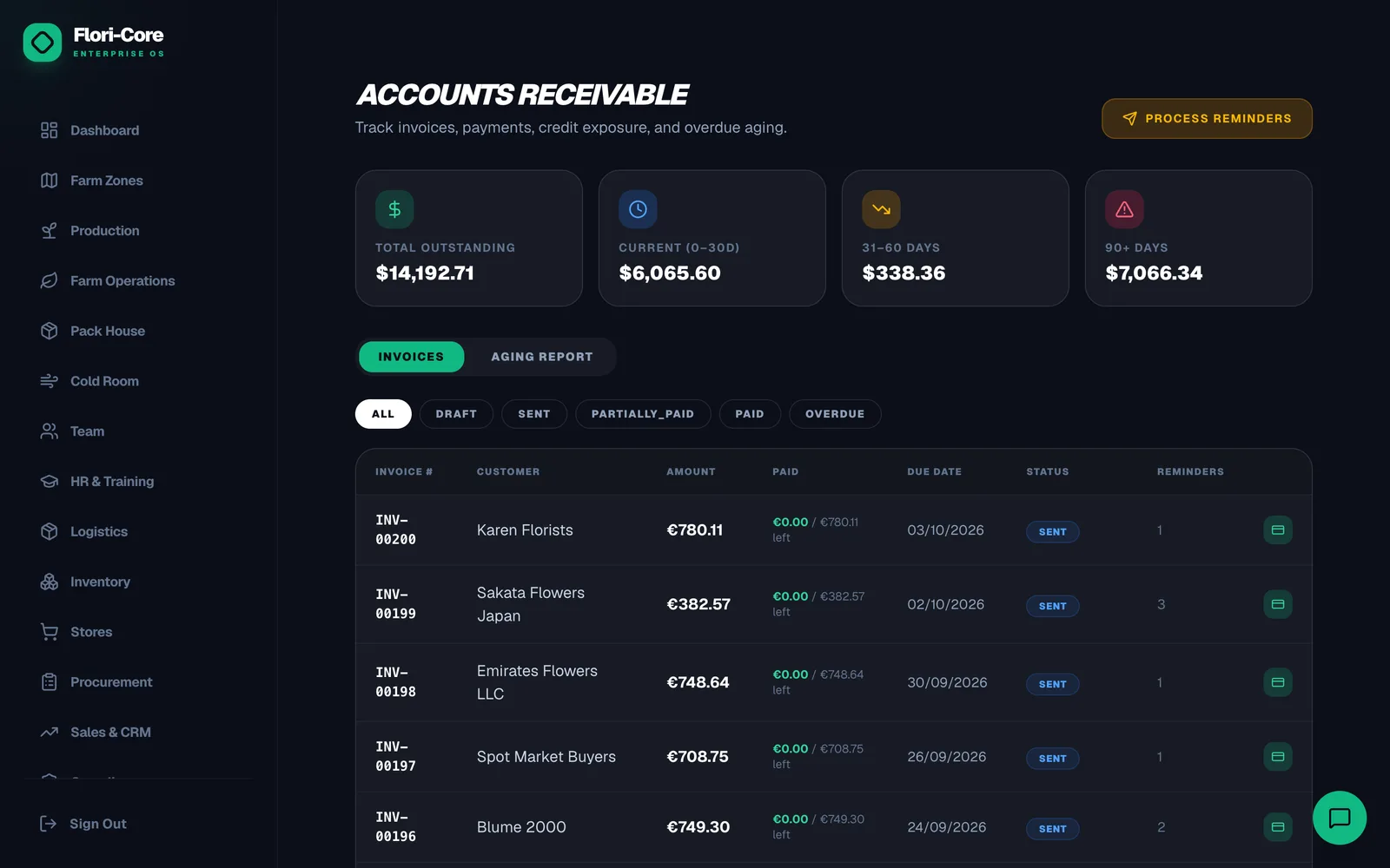 Flori-Core financials module showing accounts receivable and invoice ageing